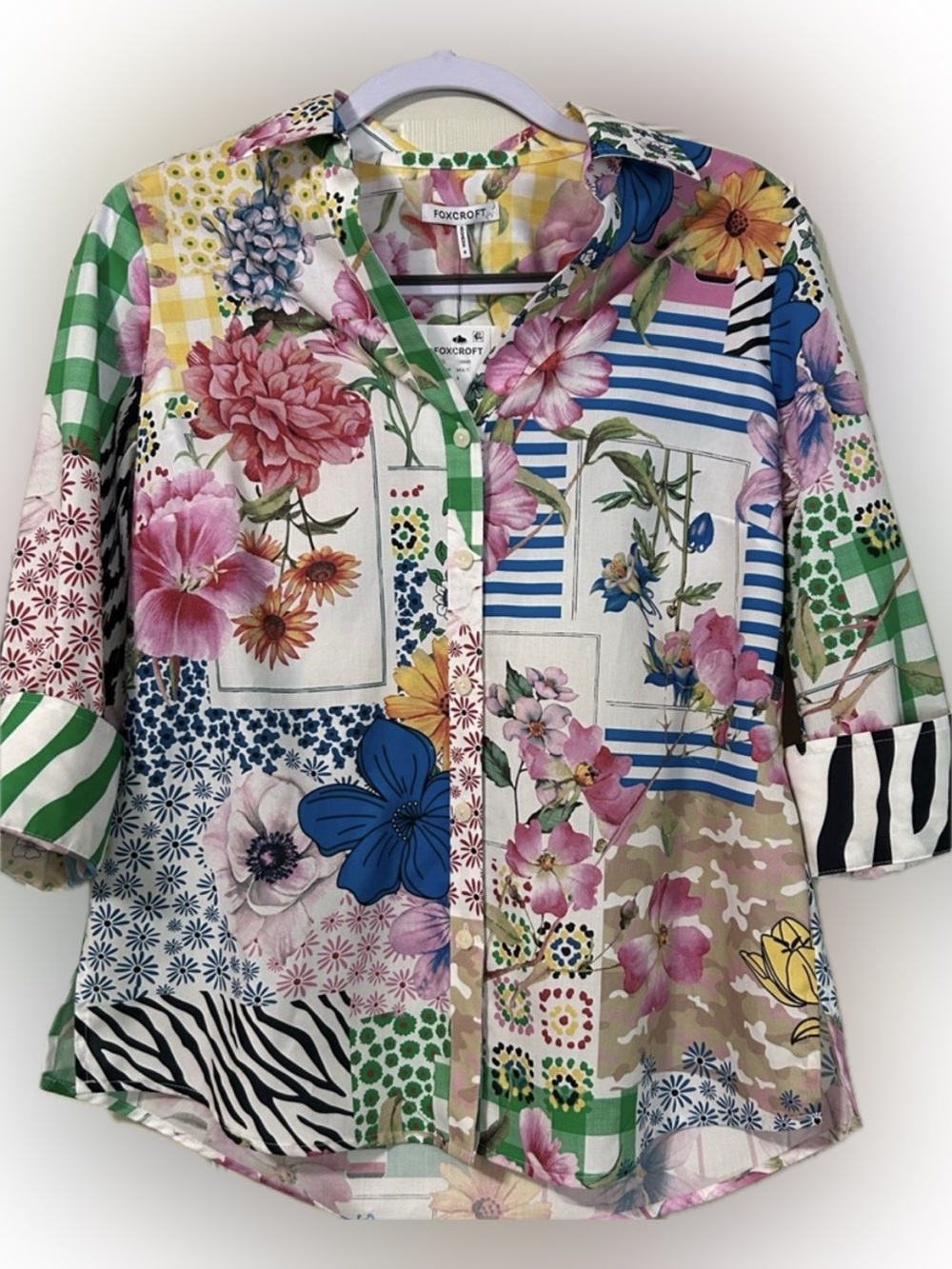 NWT Foxcroft Mary Mixed Media Spring Floral Conversational Top